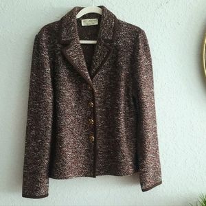 St. John Collection Santana Tweed Leather Trim Gold Accent Brown Hue Coat Blazer